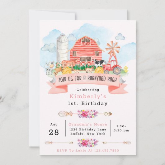 Barnyard Bash Farm Tiere 1st. Birthday Party Inv Einladung (Vorderseite)