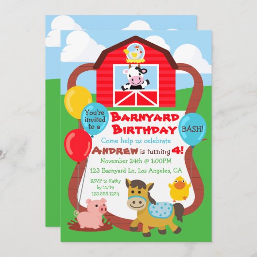 Barnyard Birthday Kids Invitation - Landtiere Einladung (Vorne/Hinten)