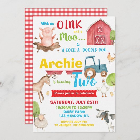 Barnyard Birthday Party Farm Animals verwandeln zw Einladung (Vorne/Hinten)