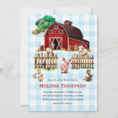 Barnyard Blue Kariert Farm Animals Baby Shower Boy Einladung (Vorderseite)