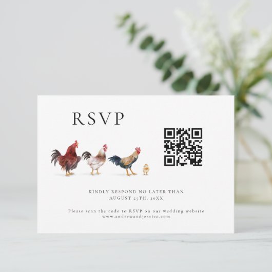 Barnyard Chicken Wedding QR Code RSVP Card (Stehend Vorderseite)