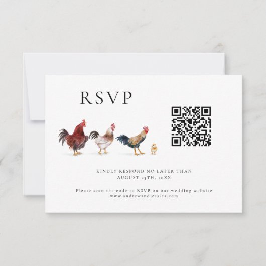 Barnyard Chicken Wedding QR Code RSVP Card Karte (Vorderseite)