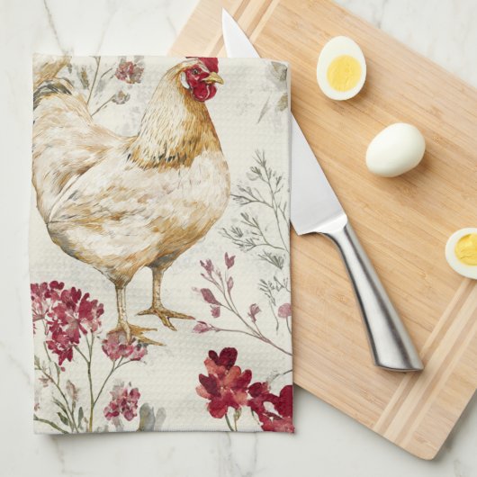 Barnyard Chickens and Botanical Pattern Design Geschirrtuch (Viertel Falte)
