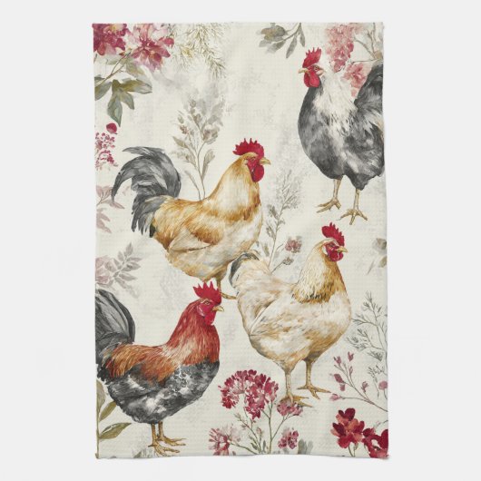 Barnyard Chickens and Botanical Pattern Design Geschirrtuch (Vertikal)
