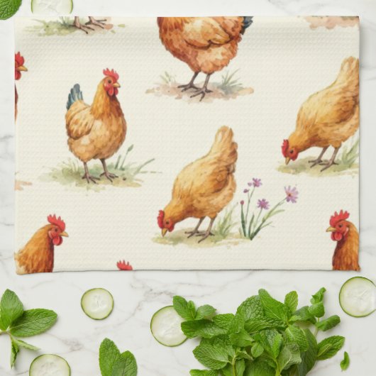 Barnyard Chickens and Botanical Pattern Design Geschirrtuch (Gefaltet)