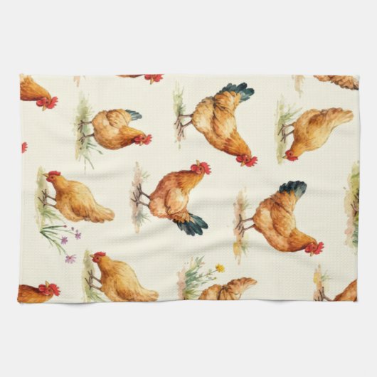 Barnyard Chickens and Botanical Pattern Design Geschirrtuch (Horizontal)