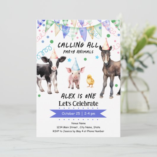 Barnyard Farm Animals 1. Geburtstag Einladung (Stehend Vorderseite)