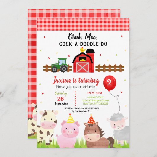 Barnyard Farm Animals 2. Geburtstag Einladungen (Vorne/Hinten)