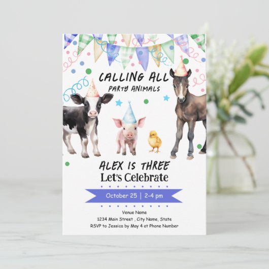 Barnyard Farm Animals 3. Geburtstag Einladung (Stehend Vorderseite)