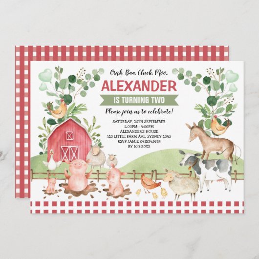 Barnyard Farm Animals Grüne Geburtstagspartei Einladung (Vorne/Hinten)