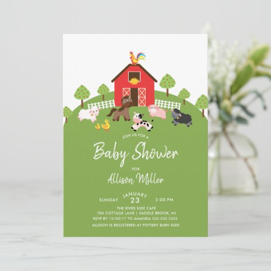 Barnyard Farm Animals Kinderdusche Einladung (Stehend Vorderseite)