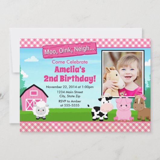 Barnyard Farm Birthday Girl Einladung Pink (Vorderseite)