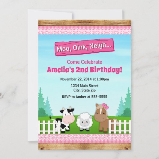 Barnyard Farm Birthday Girl Invitation Pink Einladung (Vorderseite)