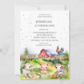Barnyard Farm Theme Boys 1. Geburtstag Party Einladung (Vorderseite)
