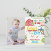Barnyard Fun Boy Birthday Party Farm Animals Foto Einladung (Stehend Vorderseite)