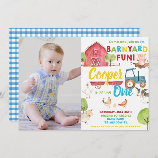 Barnyard Fun Boy Birthday Party Farm Animals Foto Einladung (Vorne/Hinten)