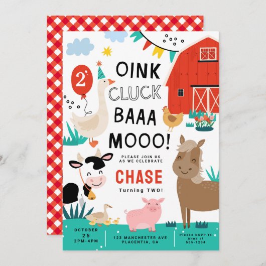 Barnyard Geburtstagspartei Einladung (Vorne/Hinten)