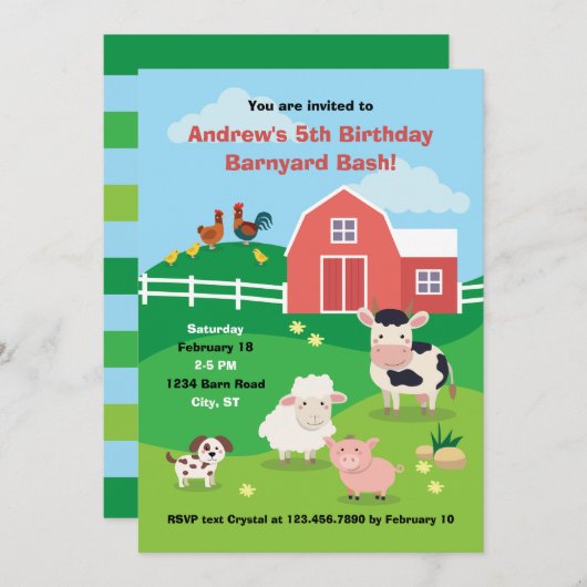 Barnyard mit Tieren Geburtstagsparty Einladung (Vorne/Hinten)
