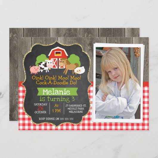 Barnyard Part Chalkboard Foto Geburtstag Einladung (Vorne/Hinten)