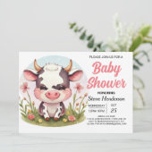 Barnyard Pastel Modern Cow Baby Dusche Einladung (Stehend Vorderseite)