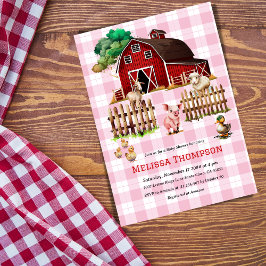 Barnyard Pink Kariert Farm Animals Baby Shower Gir Einladung
