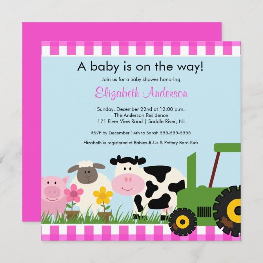 Barnyard-Tier-Babyparty-Einladung für Mädchen Einladung (Vorne/Hinten)