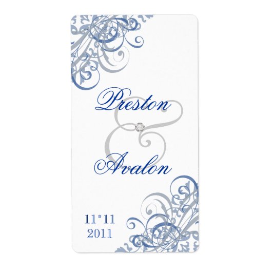 Barock Blue Scroll White Wedding Wine Label (Vorne)