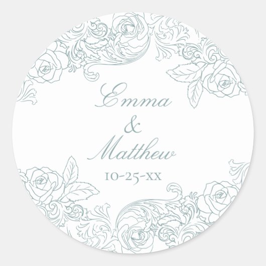 Barock Circular Dusty Blue Wedding Logo Runder Aufkleber (Vorderseite)