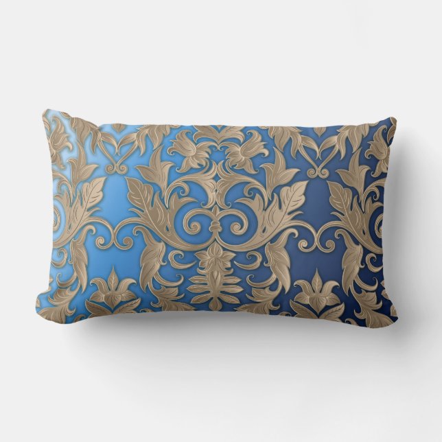 Barock Damask Brocade Creme Beige auf blau Lendenkissen (Vorderseite)