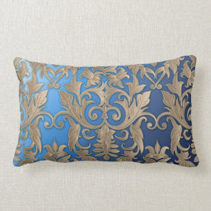 Barock Damask Brocade Creme Beige auf blau Lendenkissen