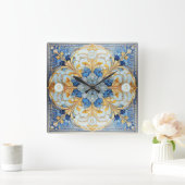 Barock Floral Tile Pat#17 Soft Blue Gold ID1078 Quadratische Wanduhr (Zuhause)