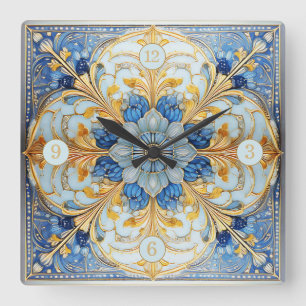 Barock Floral Tile Pat#17 Soft Blue Gold ID1078 Quadratische Wanduhr