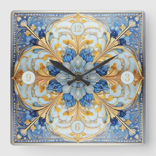 Barock Floral Tile Pat#17 Soft Blue Gold ID1078 Quadratische Wanduhr (Vorderseite)