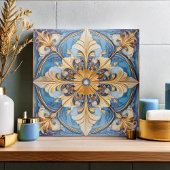 Barock Floral Tile Pat#18 Sky Blue Gold ID1078 Fliese