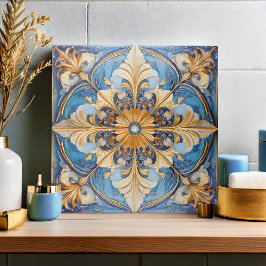 Barock Floral Tile Pat#18 Sky Blue Gold ID1078 Fliese