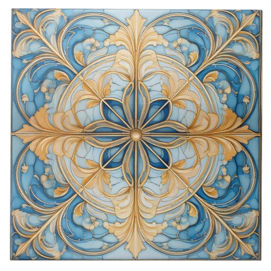 Barock Floral Tile Pat#19 Aqua Blue Gold ID1078 Fliese (Vorderseite)