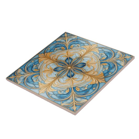 Barock Floral Tile Pat#19 Aqua Blue Gold ID1078 Fliese (Seite)