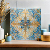 Barock Floral Tile Pat#19 Aqua Blue Gold ID1078 Fliese