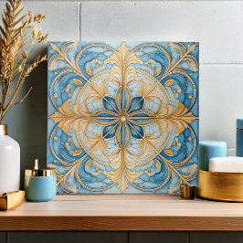 Barock Floral Tile Pat#19 Aqua Blue Gold ID1078 Fliese