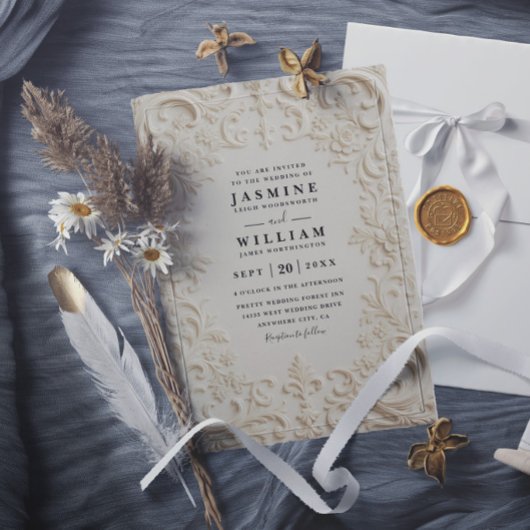 Barock geprägte Vintage-elegante QR-Code-Hochzeit Einladung