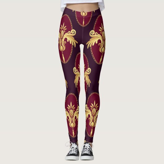 Barock Gold Sconce Magenta Muster Leggings (Vorderseite)