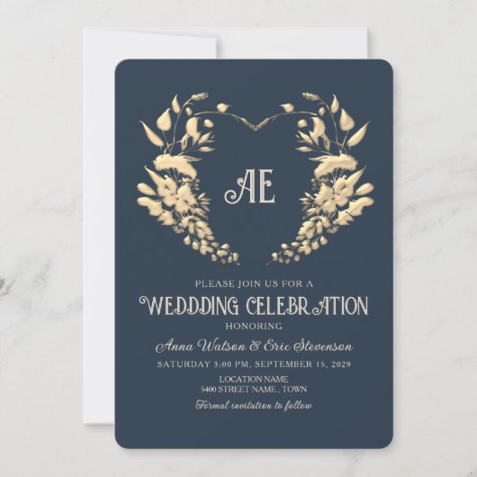 Barock Gold und Navy Blue Wedding Einladung (Vorderseite)