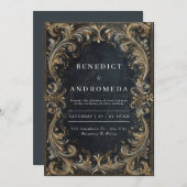 Barock-Hochzeit in Schwarz und Gold Einladung (Vorne/Hinten)