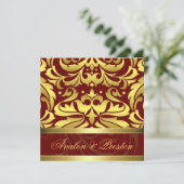 Barock-Hochzeitsfeier in Red & Gold Damask Einladu Einladung (Stehend Vorderseite)