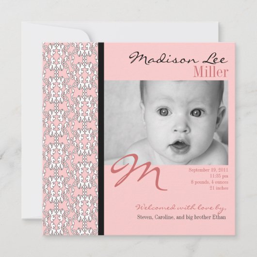 Barock in Pink Baby Girl Ankündigung (Vorderseite)