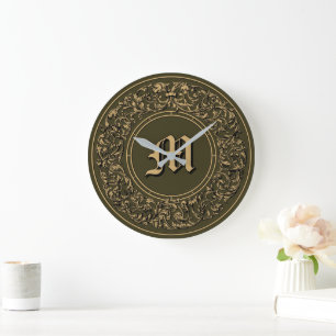 Barock-Rokokó-Blumenkranz-Monogramm-Druck Große Wanduhr