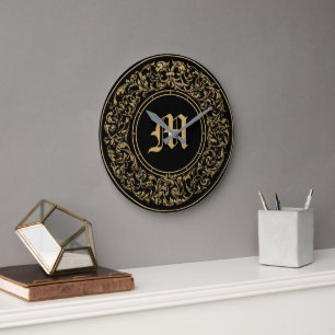Barock-Rokokó-Blumenkranz-Monogramm-Druck Große Wanduhr