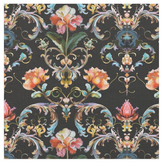 Barock schwarzer Blumen-Damask Stoff (Nahaufnahme)
