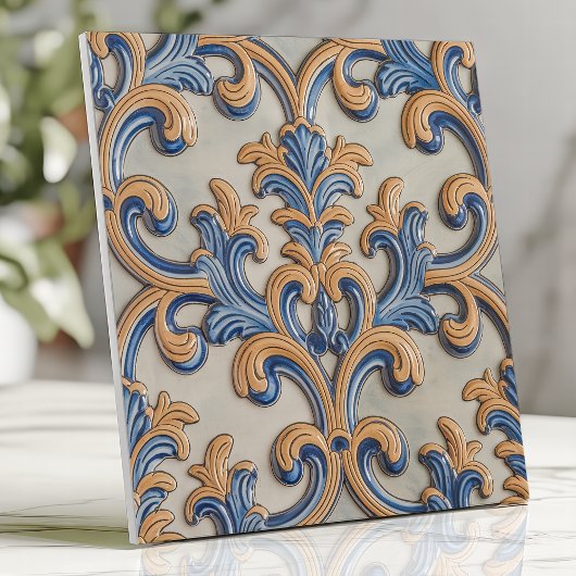 Barock Scroll Damask Blue Gold Italienischer Stil Fliese
