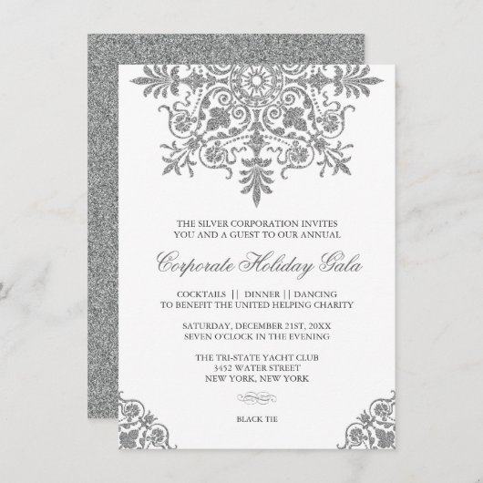 Barock Silver Glitzern Look Holiday Party Einladung (Vorne/Hinten)